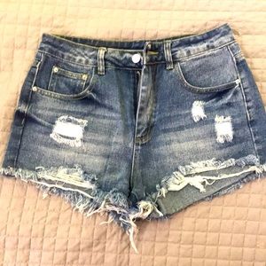 Shein Medium, high wasted, zipper, distressed 2” inseam denim shorts